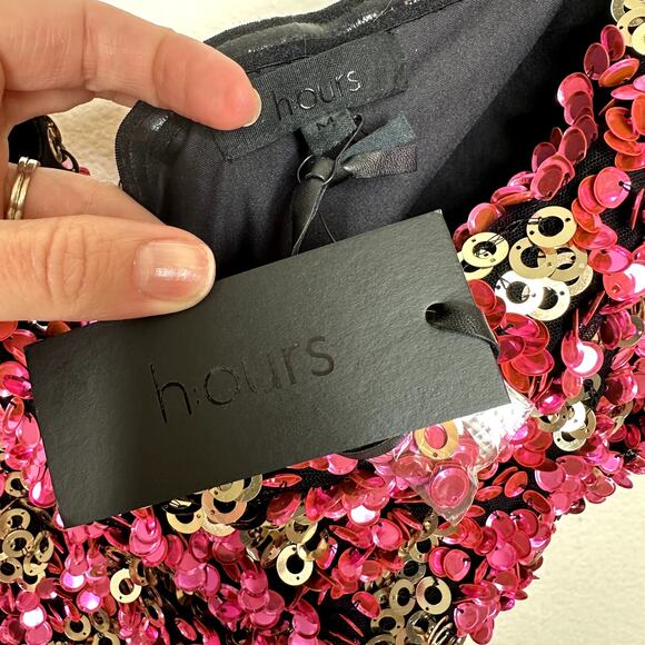 H:ours NWT Sybila Fuchsia and Gold Shiny Sequin Cut-Out Party Mini Dress Medium - Picture 9 of 10